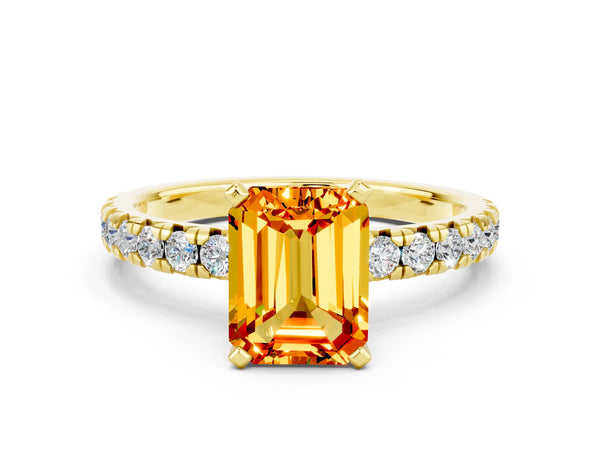 Yellow gold Emerald Cut Citrine Solitaire Pavé Engagement Ring with Round Band and Prong Setting