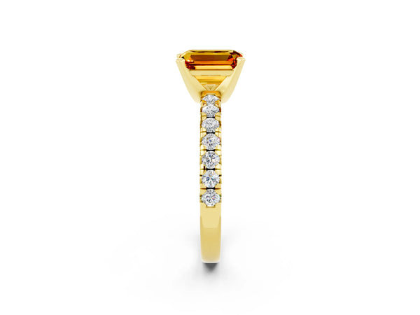 Yellow gold Emerald Cut Citrine Solitaire Pavé Engagement Ring with Round Band and Prong Setting
