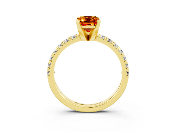 Yellow gold Emerald Cut Citrine Solitaire Pavé Engagement Ring with Round Band and Prong Setting