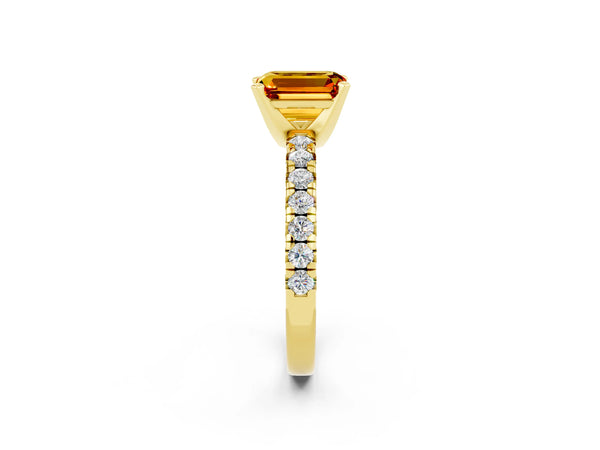 Yellow gold Emerald Cut Citrine Solitaire Pavé Engagement Ring with Round Band and Prong Setting