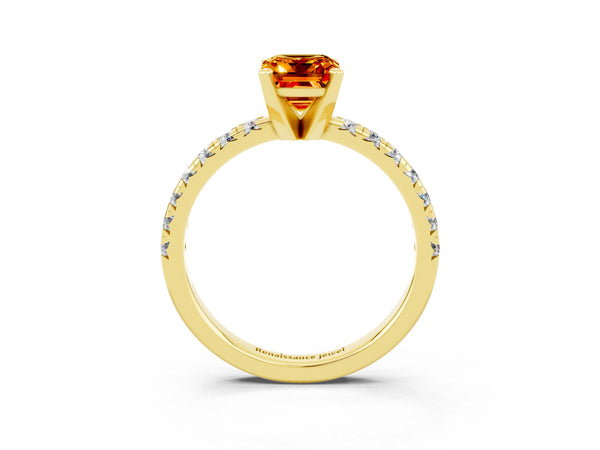 Yellow gold Emerald Cut Citrine Solitaire Pavé Engagement Ring with Round Band and Prong Setting