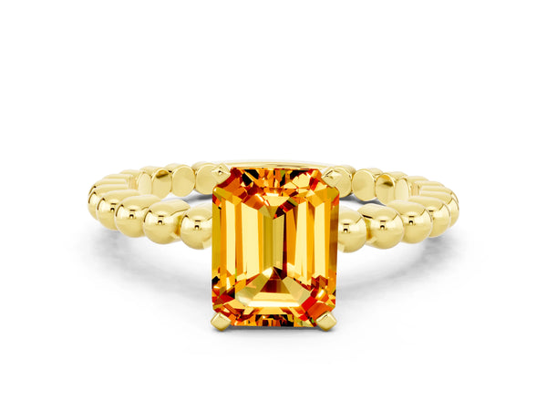 Yellow gold Emerald Cut Citrine Solitaire Ring with Beaded Band and Prong Setting