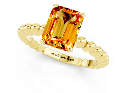 Yellow gold Emerald Cut Citrine Solitaire Ring with Beaded Band and Prong Setting_1