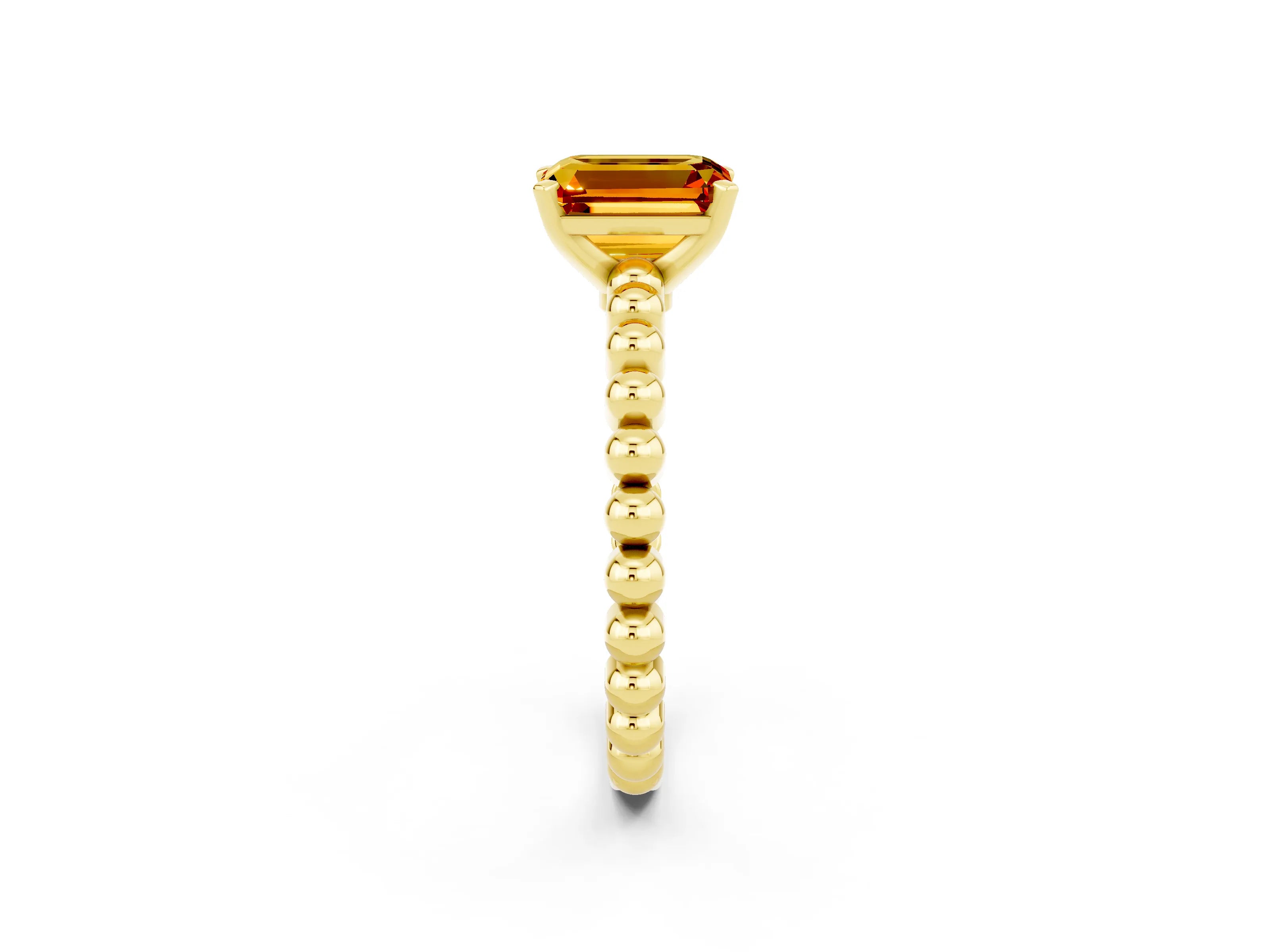Yellow gold Emerald Cut Citrine Solitaire Ring with Beaded Band and Prong Setting_2