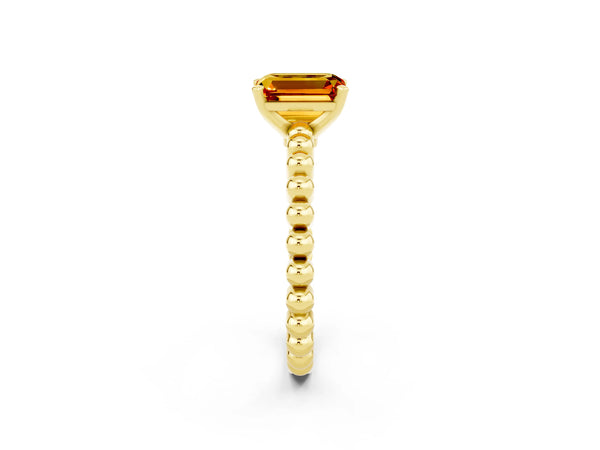 Yellow gold Emerald Cut Citrine Solitaire Ring with Beaded Band and Prong Setting