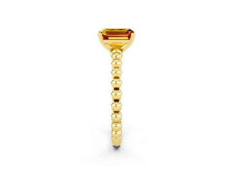 Yellow gold Emerald Cut Citrine Solitaire Ring with Beaded Band and Prong Setting_2