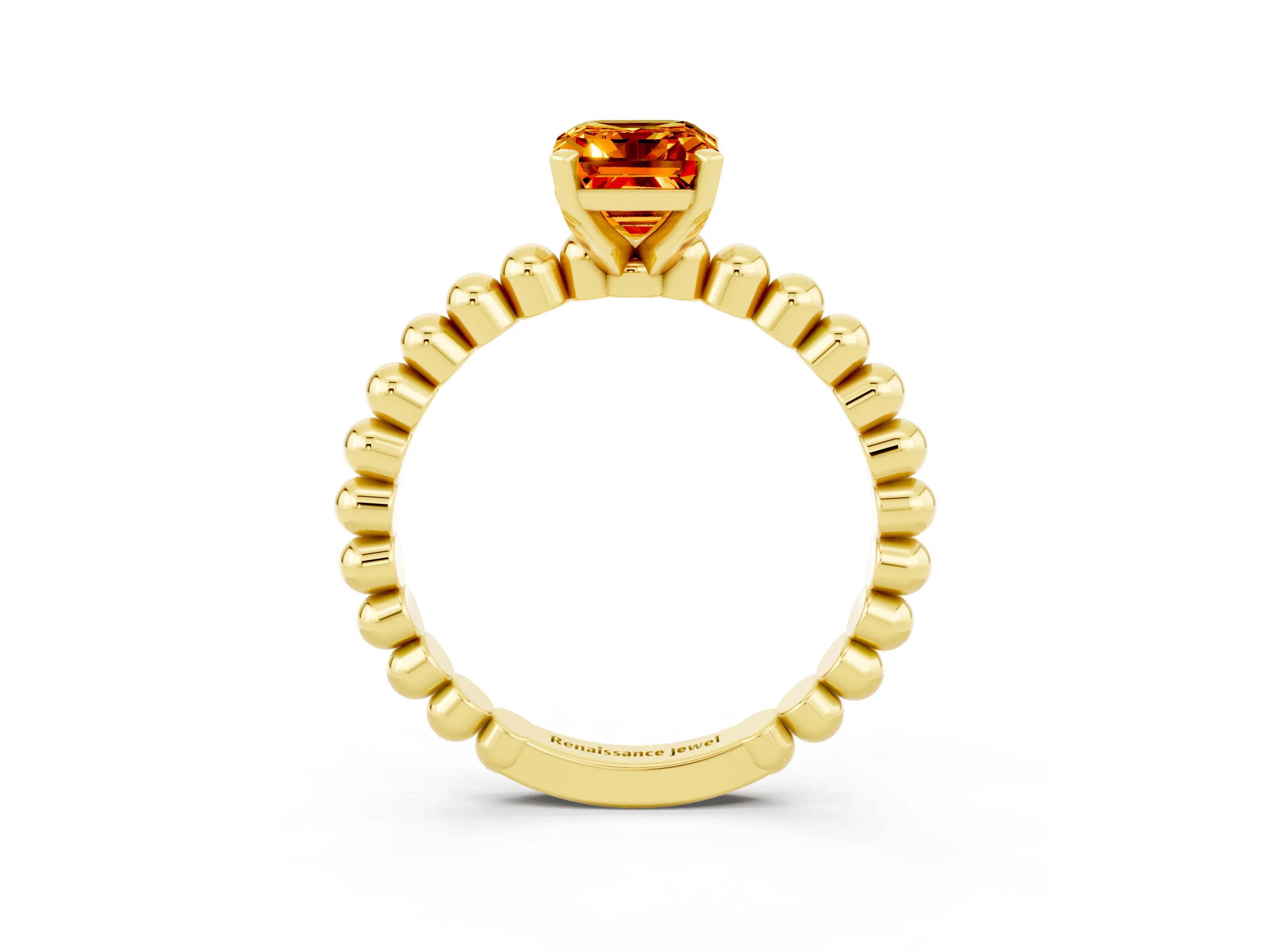 Yellow gold Emerald Cut Citrine Solitaire Ring with Beaded Band and Prong Setting_3