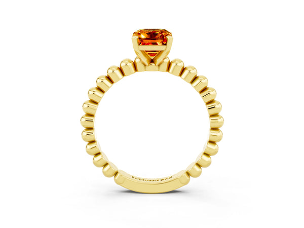 Yellow gold Emerald Cut Citrine Solitaire Ring with Beaded Band and Prong Setting