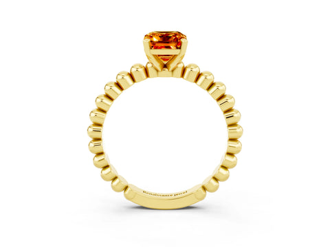 Yellow gold Emerald Cut Citrine Solitaire Ring with Beaded Band and Prong Setting_3