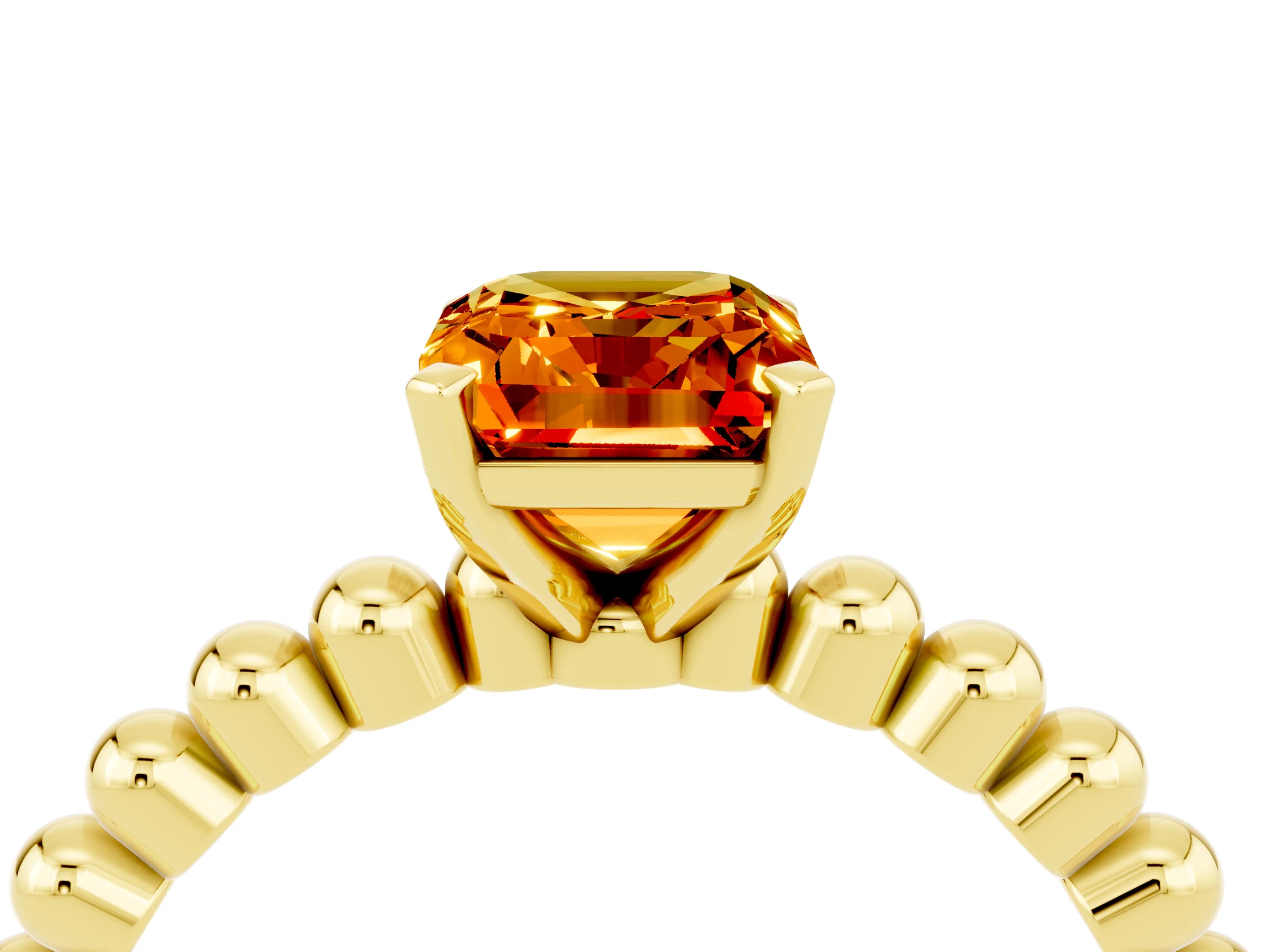Yellow gold Emerald Cut Citrine Solitaire Ring with Beaded Band and Prong Setting_4
