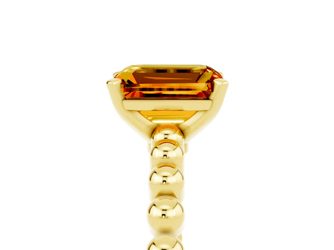 Yellow gold Emerald Cut Citrine Solitaire Ring with Beaded Band and Prong Setting_5