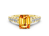 Yellow gold Emerald Cut Citrine Solitaire Ring with Cathedral Setting and Pavé Band