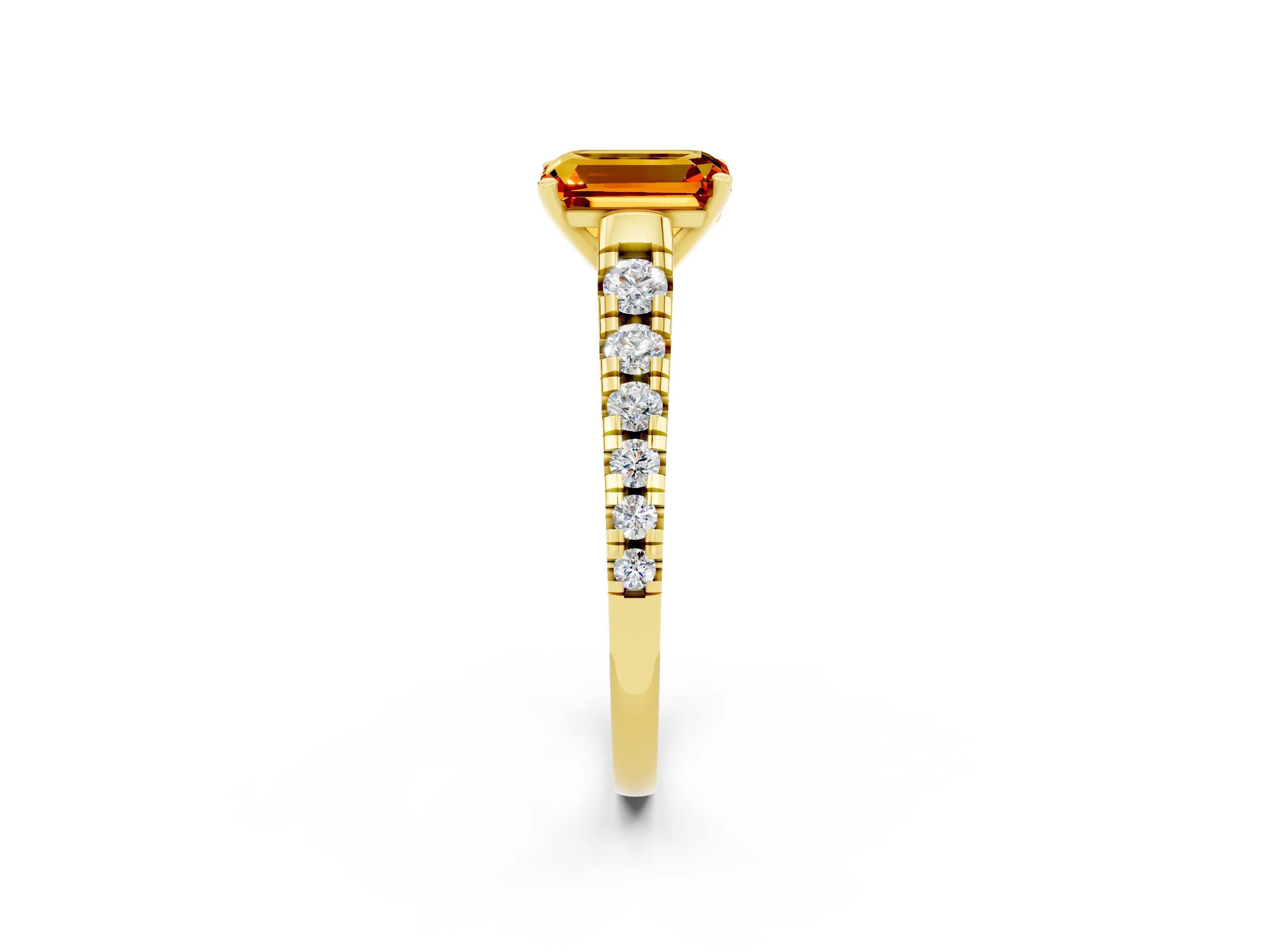 Yellow gold Emerald Cut Citrine Solitaire Ring with Cathedral Setting and Pavé Band_2