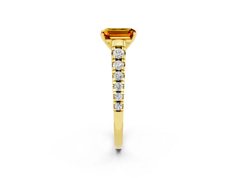 Yellow gold Emerald Cut Citrine Solitaire Ring with Cathedral Setting and Pavé Band_2