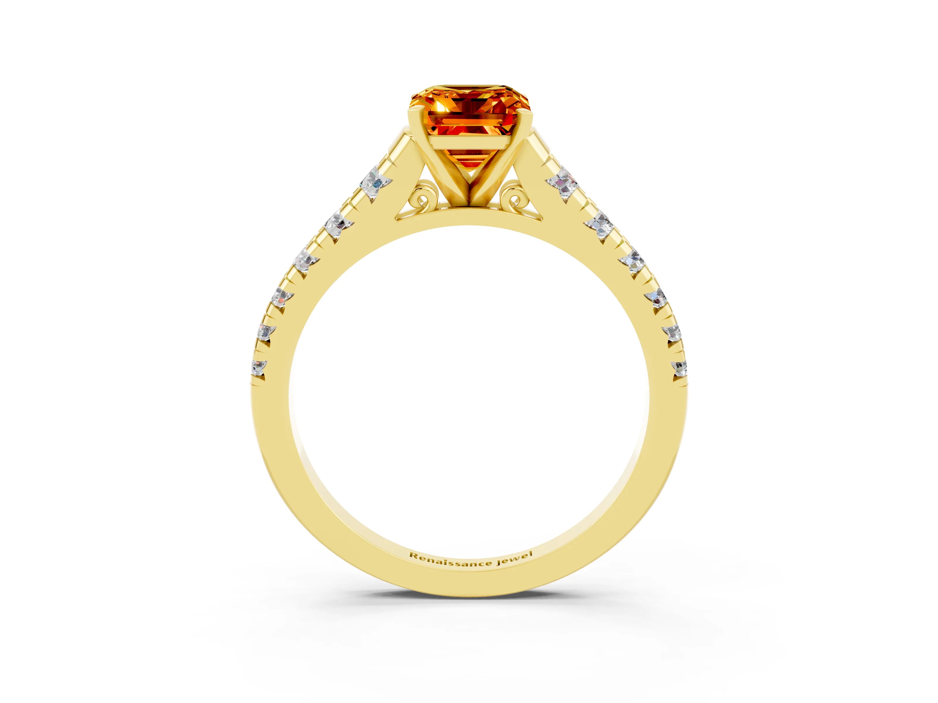 Yellow gold Emerald Cut Citrine Solitaire Ring with Cathedral Setting and Pavé Band_3