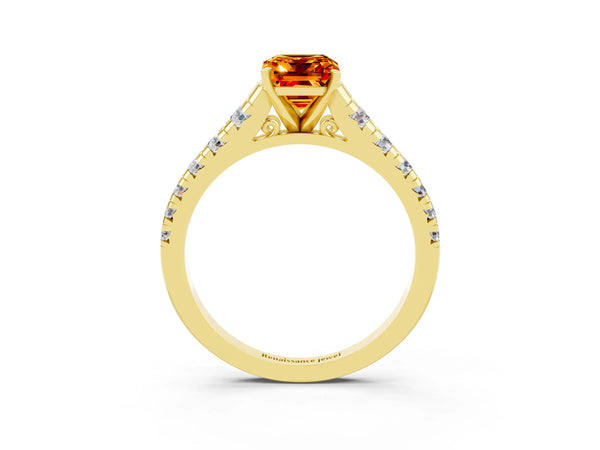Yellow gold Emerald Cut Citrine Cathedral Solitaire Ring with Round  Pavé Band