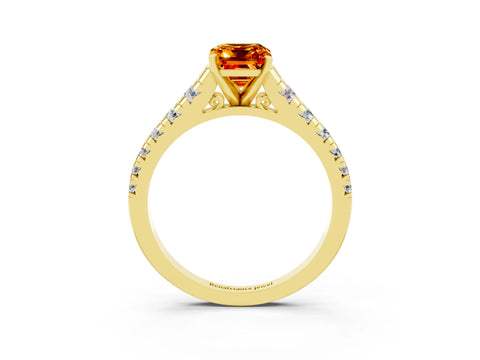 Yellow gold Emerald Cut Citrine Solitaire Ring with Cathedral Setting and Pavé Band_3