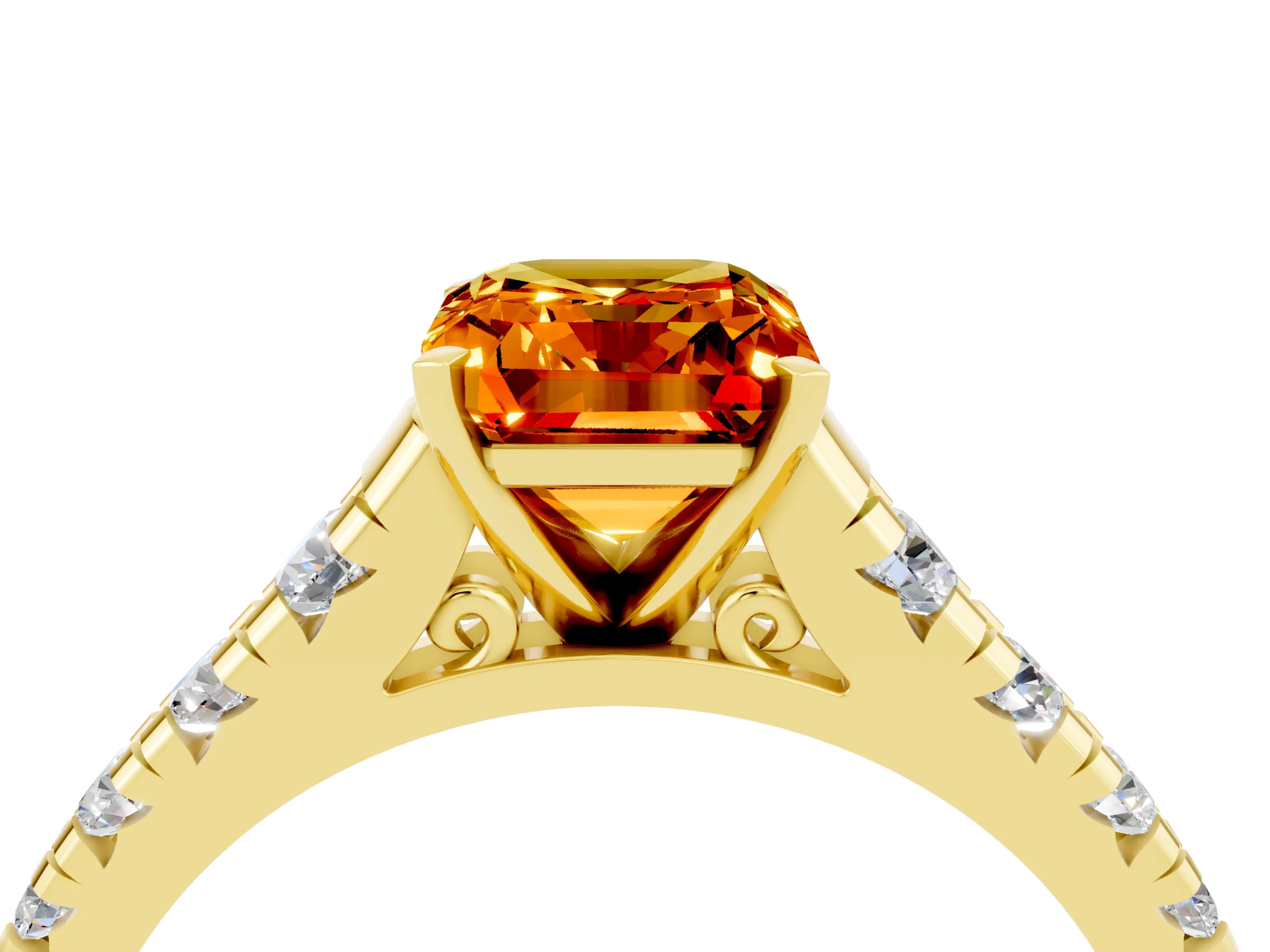Yellow gold Emerald Cut Citrine Solitaire Ring with Cathedral Setting and Pavé Band_4