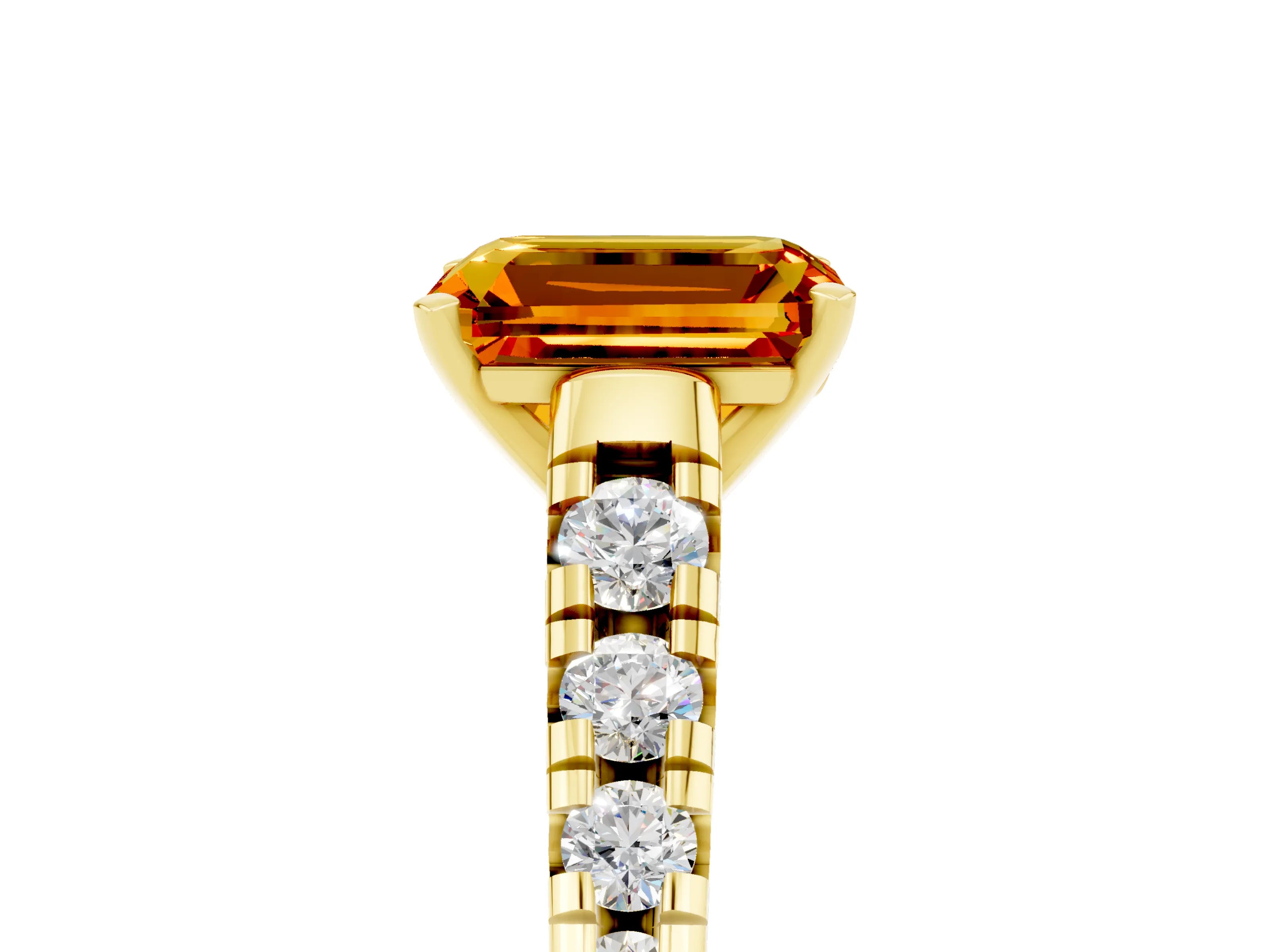 Yellow gold Emerald Cut Citrine Solitaire Ring with Cathedral Setting and Pavé Band_5
