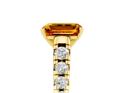 Yellow gold Emerald Cut Citrine Solitaire Ring with Cathedral Setting and Pavé Band_5
