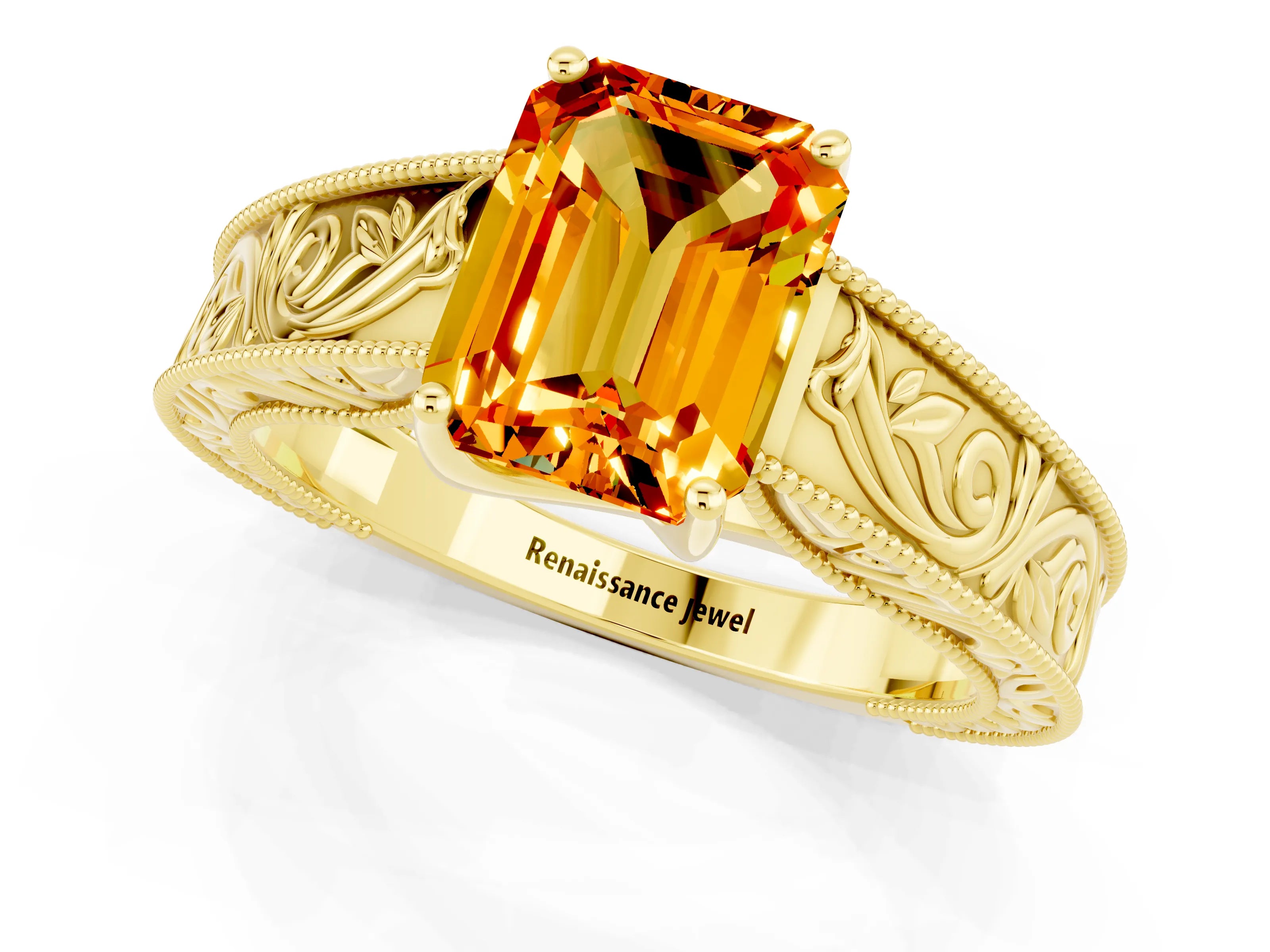 Yellow gold Emerald Cut Citrine Solitaire Ring with Engraved Band and Four-Prong Setting_1