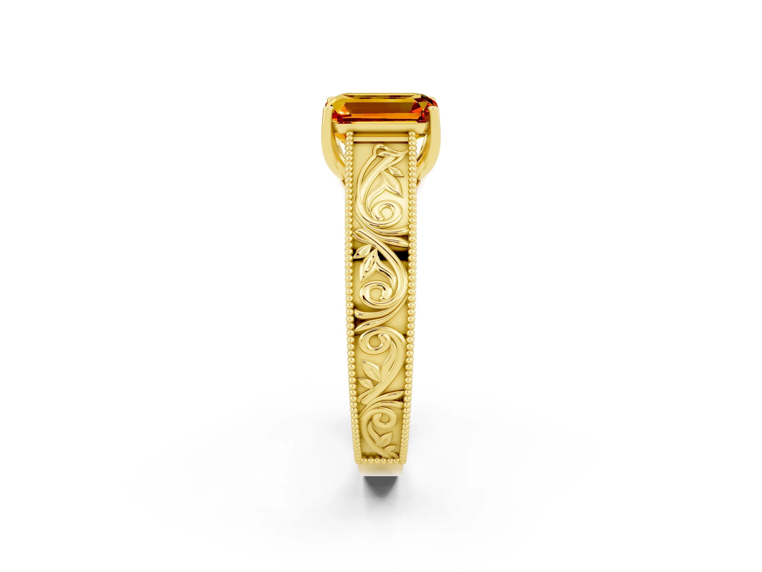 Yellow gold Emerald Cut Citrine Solitaire Ring with Engraved Band and Four-Prong Setting_2
