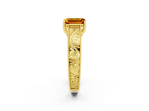 Yellow gold Emerald Cut Citrine Solitaire Ring with Engraved Band and Four-Prong Setting_2