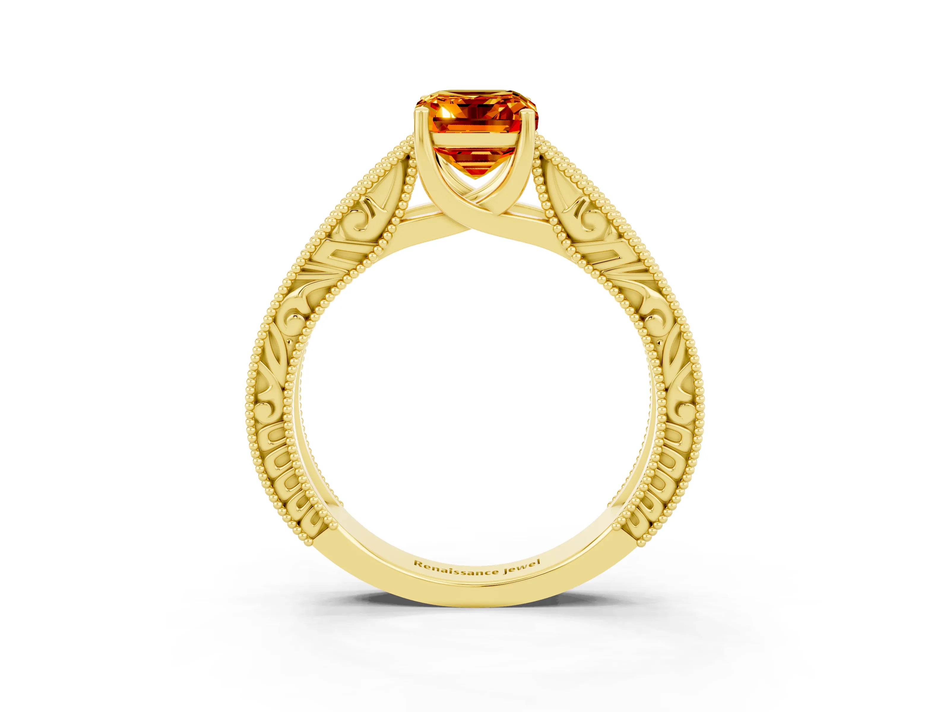 Yellow gold Emerald Cut Citrine Solitaire Ring with Engraved Band and Four-Prong Setting_3
