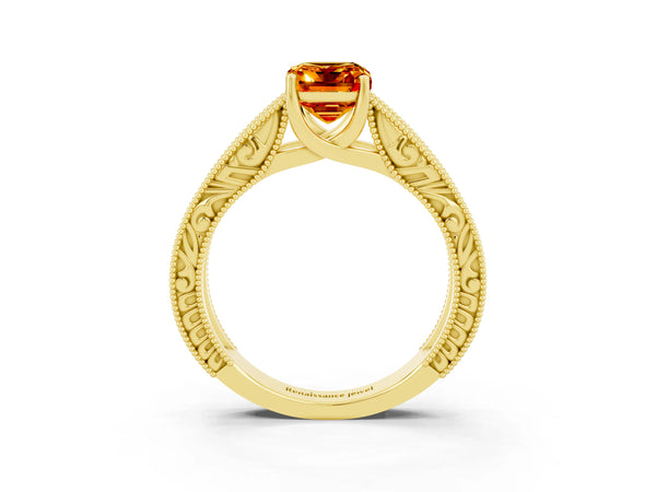 Yellow gold Emerald Cut Citrine Solitaire Ring with Engraved Band and Four-Prong Setting