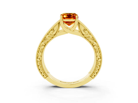 Yellow gold Emerald Cut Citrine Solitaire Ring with Engraved Band and Four-Prong Setting_3