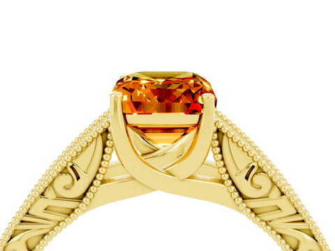 Yellow gold Emerald Cut Citrine Solitaire Ring with Engraved Band and Four-Prong Setting_4
