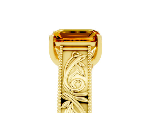 Yellow gold Emerald Cut Citrine Solitaire Ring with Engraved Band and Four-Prong Setting_5