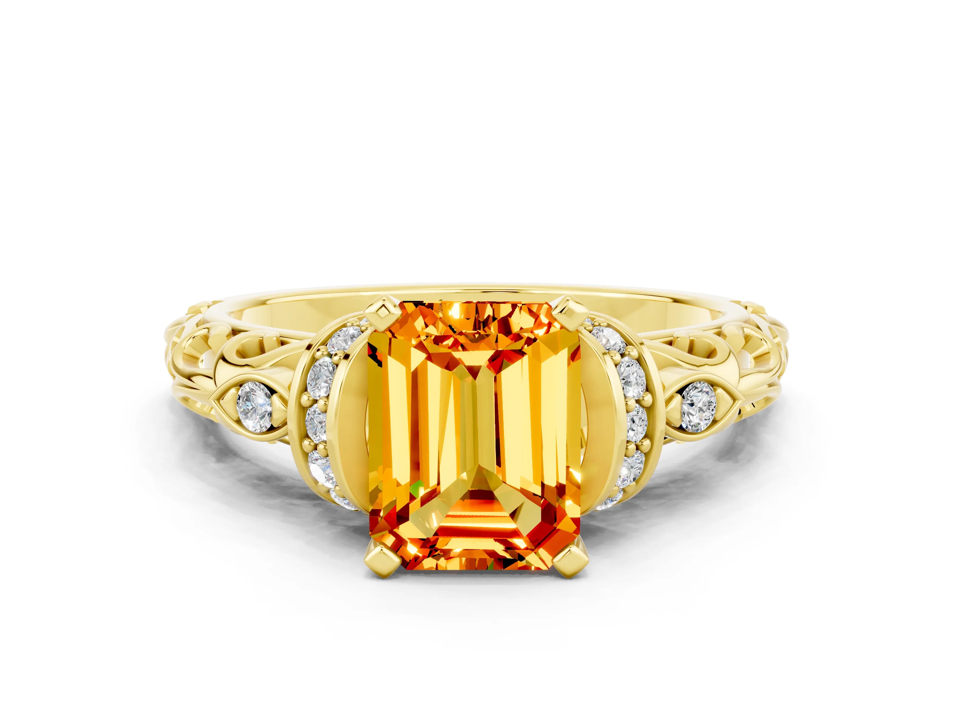 Yellow gold Emerald Cut Citrine Solitaire Ring with Filigree Band and Four-Prong Setting_24