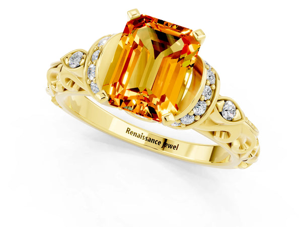 Yellow gold Emerald Cut Citrine Solitaire Ring with Filigree Band and Four-Prong Setting