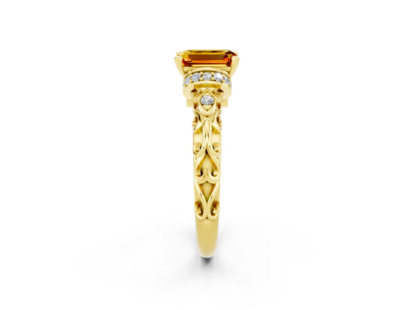 Yellow gold Emerald Cut Citrine Solitaire Ring with Filigree Band and Four-Prong Setting