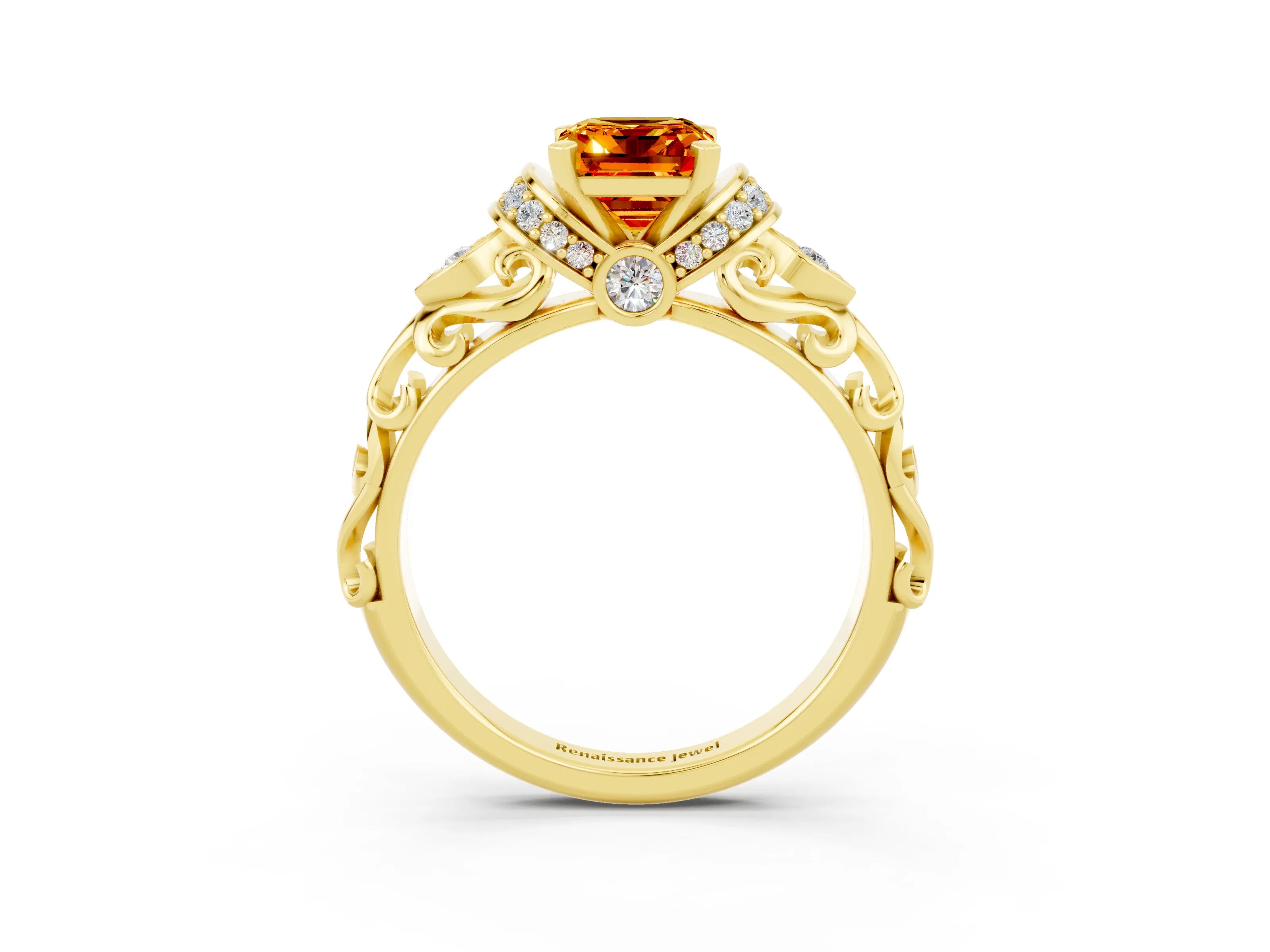 Yellow gold Emerald Cut Citrine Solitaire Ring with Filigree Band and Four-Prong Setting_27