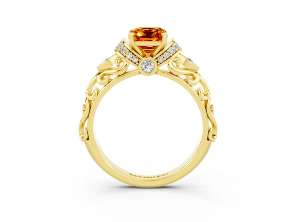 Yellow gold Emerald Cut Citrine Solitaire Ring with Filigree Band and Four-Prong Setting