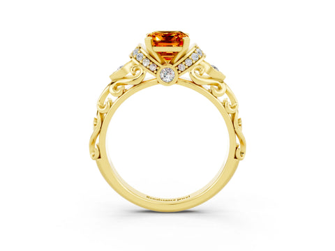 Yellow gold Emerald Cut Citrine Solitaire Ring with Filigree Band and Four-Prong Setting_27