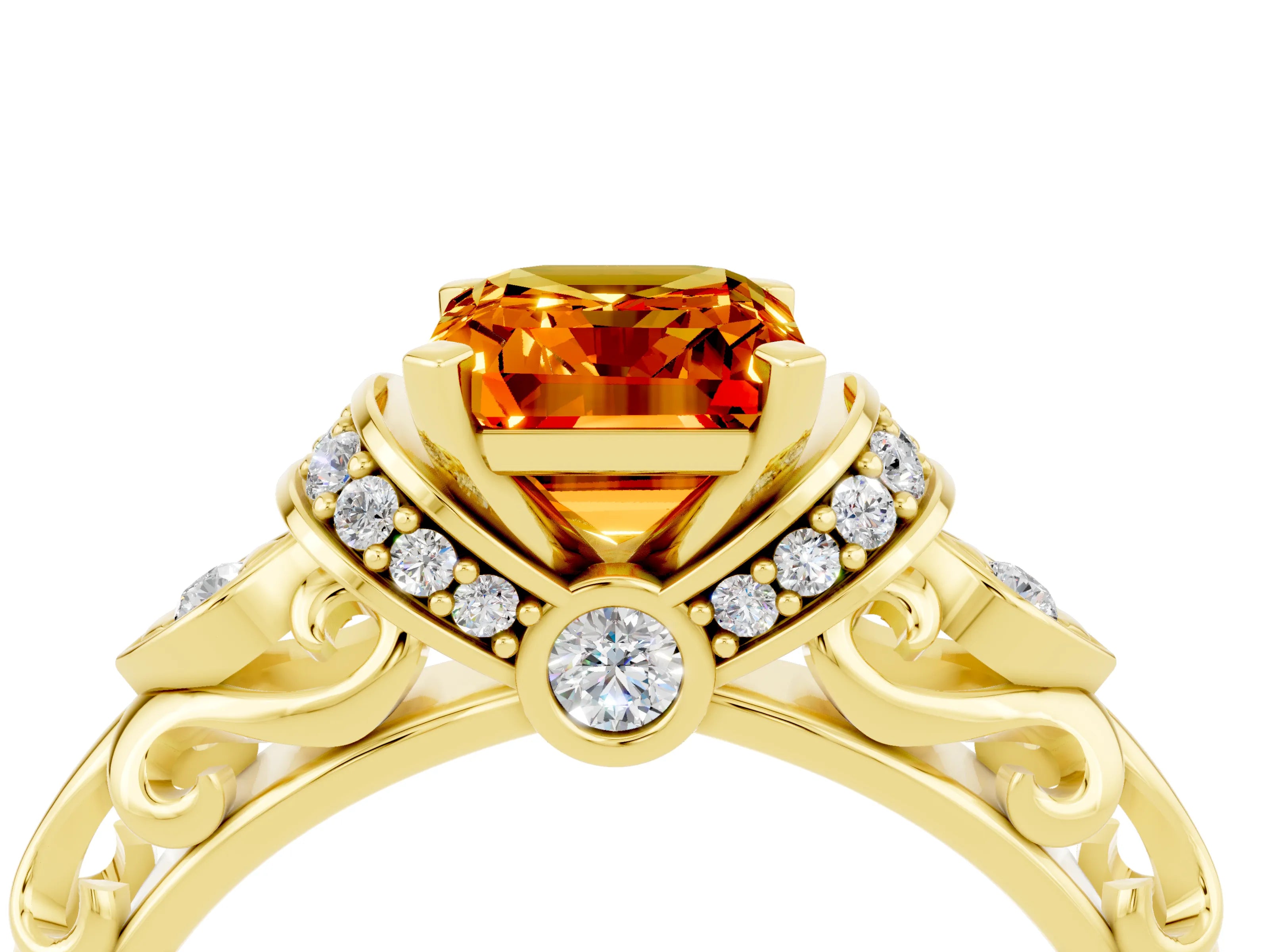 Yellow gold Emerald Cut Citrine Solitaire Ring with Filigree Band and Four-Prong Setting_28