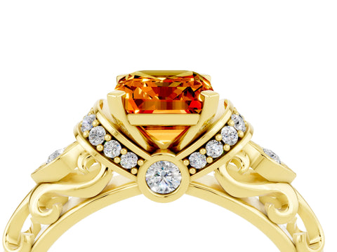 Yellow gold Emerald Cut Citrine Solitaire Ring with Filigree Band and Four-Prong Setting_28