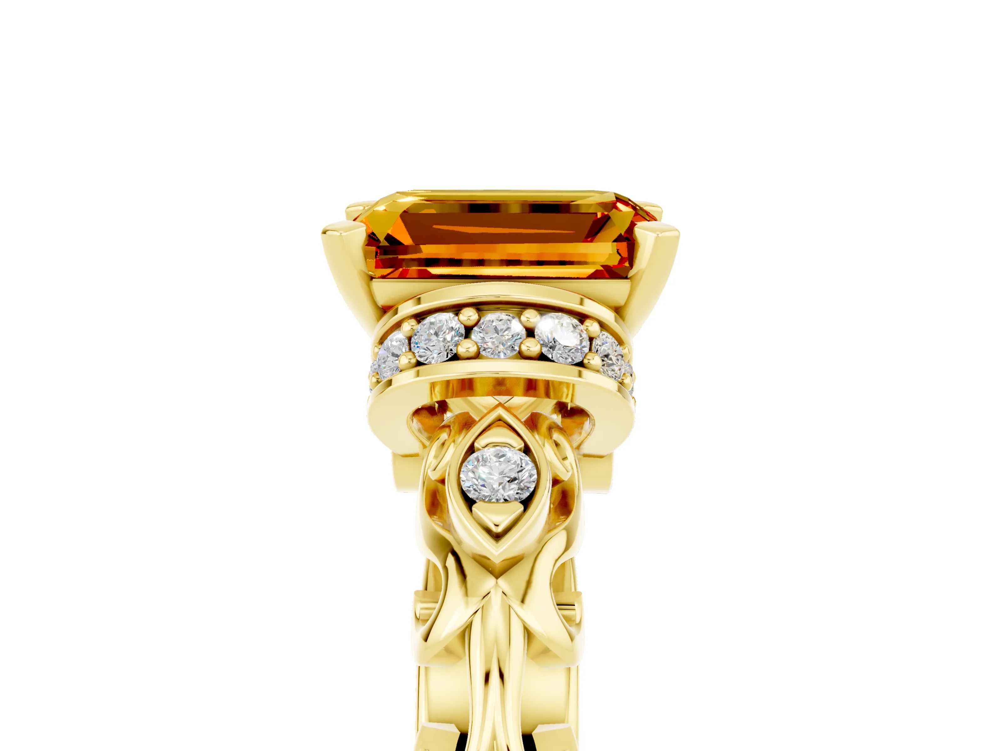 Yellow gold Emerald Cut Citrine Solitaire Ring with Filigree Band and Four-Prong Setting_29