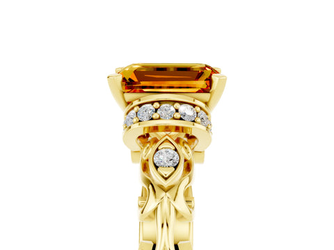 Yellow gold Emerald Cut Citrine Solitaire Ring with Filigree Band and Four-Prong Setting_29
