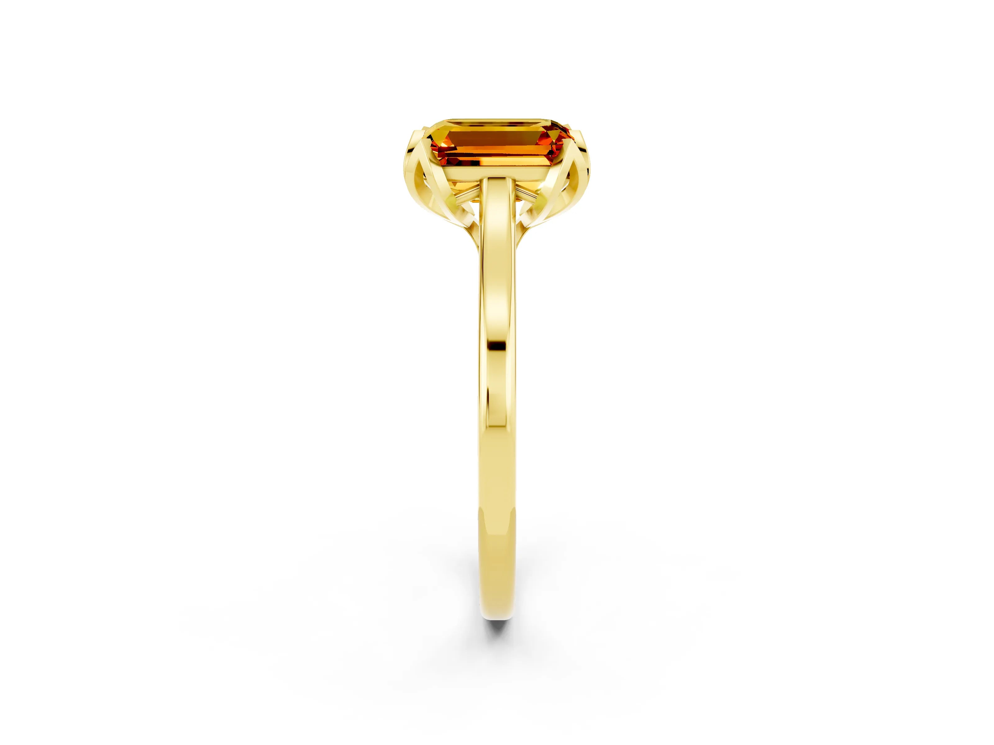 Yellow gold Emerald Cut Citrine Solitaire Ring with Flower Prong Setting and Classic Band_14