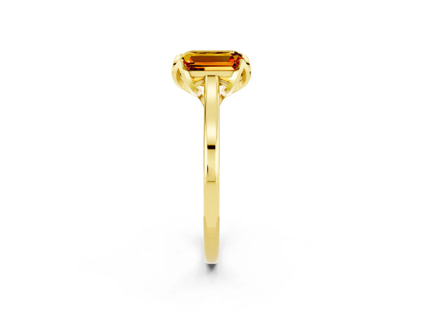 Yellow gold Emerald Cut Citrine Solitaire Ring with Flower Prong Setting and Classic Band