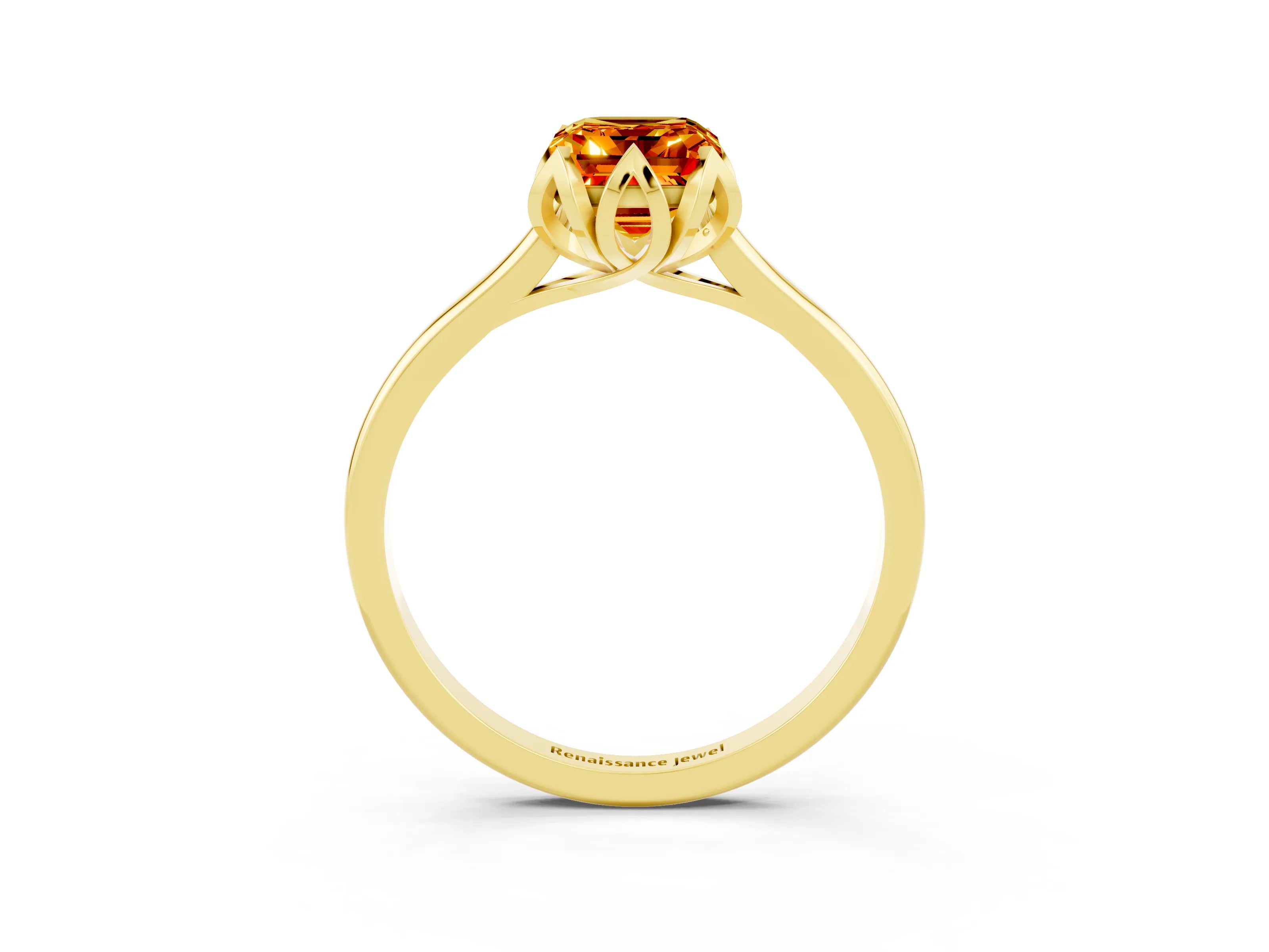 Yellow gold Emerald Cut Citrine Solitaire Ring with Flower Prong Setting and Classic Band_15