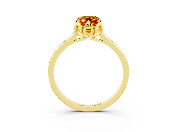 Yellow gold Emerald Cut Citrine Solitaire Ring with Flower Prong Setting and Classic Band