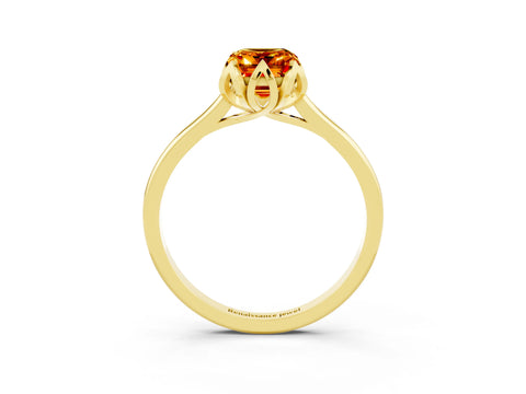 Yellow gold Emerald Cut Citrine Solitaire Ring with Flower Prong Setting and Classic Band_15