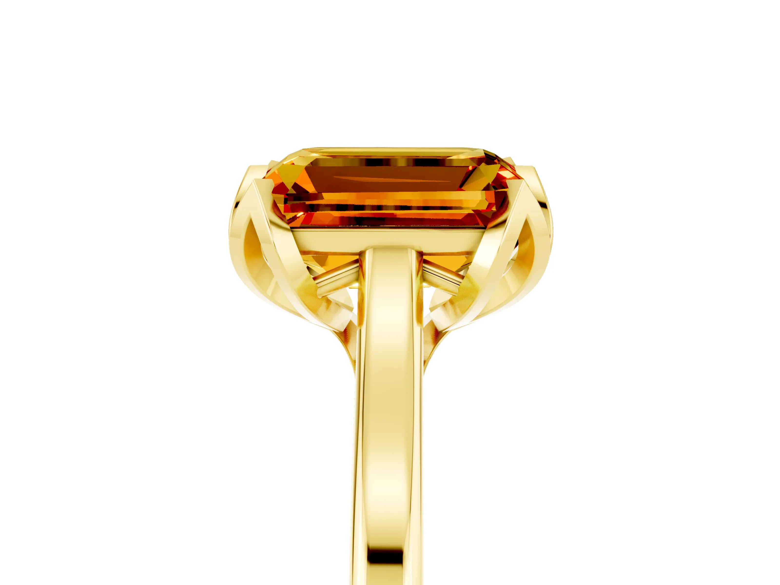 Yellow gold Emerald Cut Citrine Solitaire Ring with Flower Prong Setting and Classic Band_17