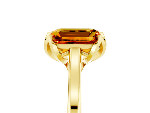 Yellow gold Emerald Cut Citrine Solitaire Ring with Flower Prong Setting and Classic Band_17