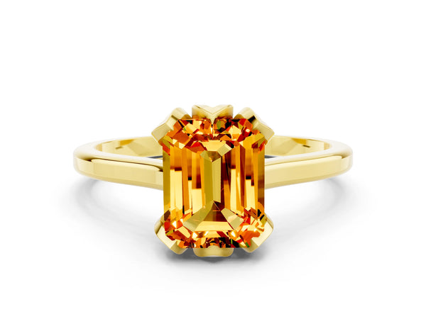 Yellow gold Emerald Cut Citrine Solitaire Ring with Flower Prong Setting and Classic Band